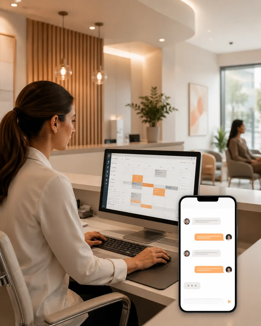 Recepción de clínica gestionando agenda y mensajes de citas en computadora y celular
