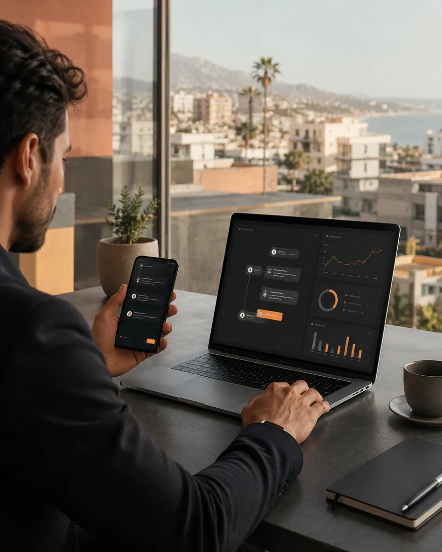 Profesional revisando automatización con IA en Tijuana desde un espacio de trabajo con vista urbana