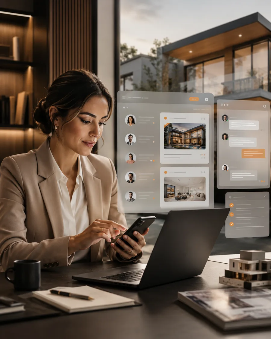 Agente inmobiliaria gestionando leads, propiedades y mensajes desde CRM digital