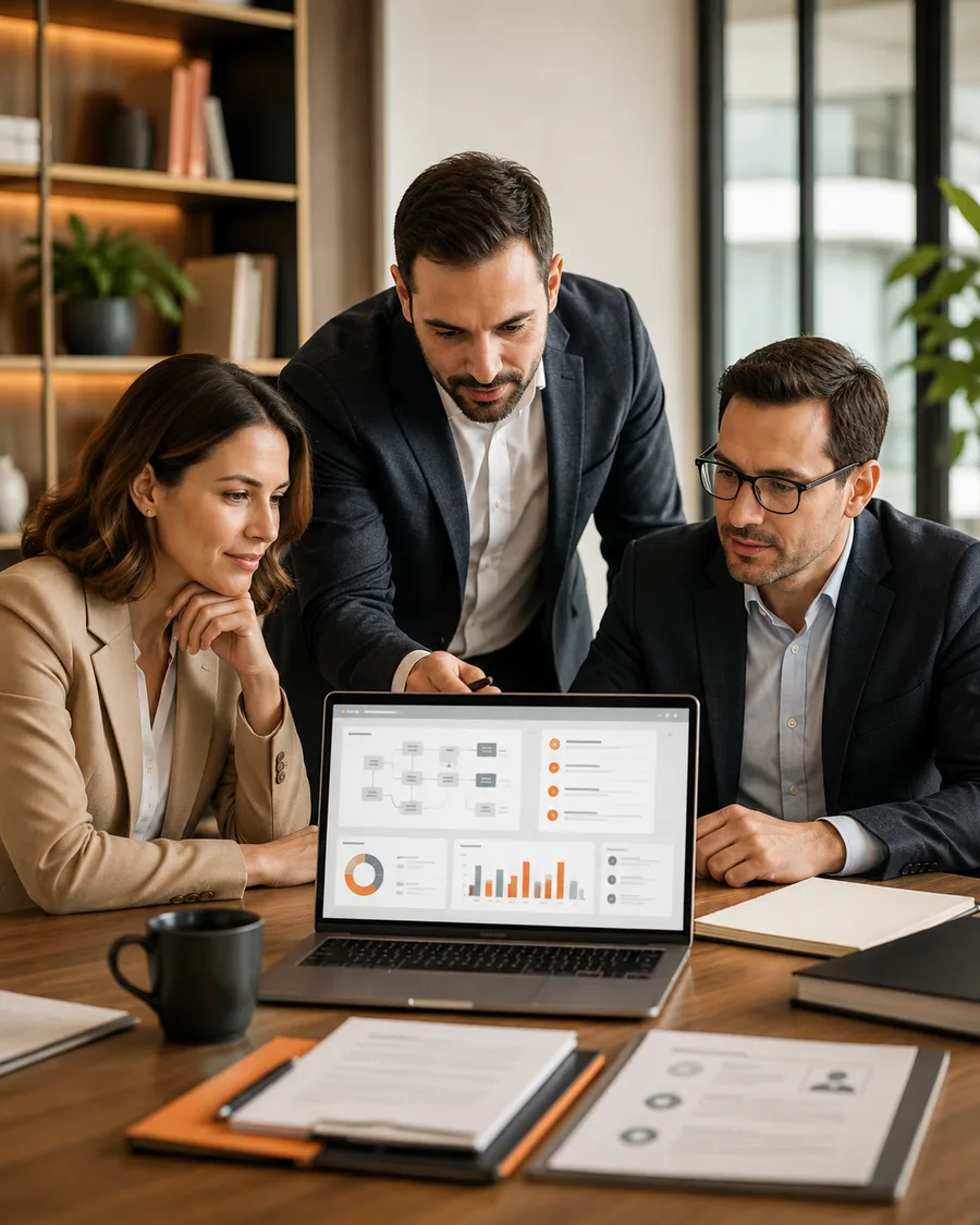 Equipo de servicios profesionales revisando CRM, procesos y métricas en una reunión