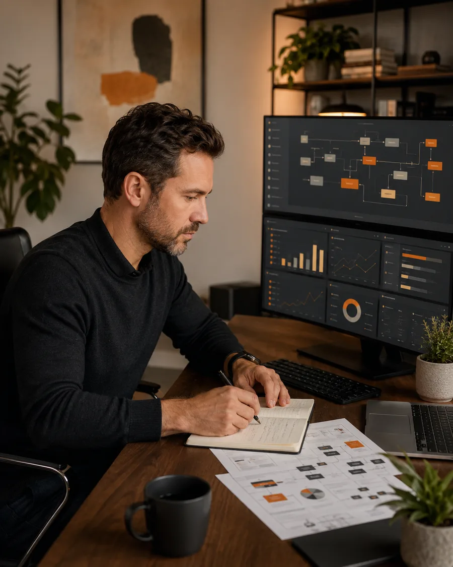 Consultor de automatización analizando dashboards, procesos y notas de trabajo